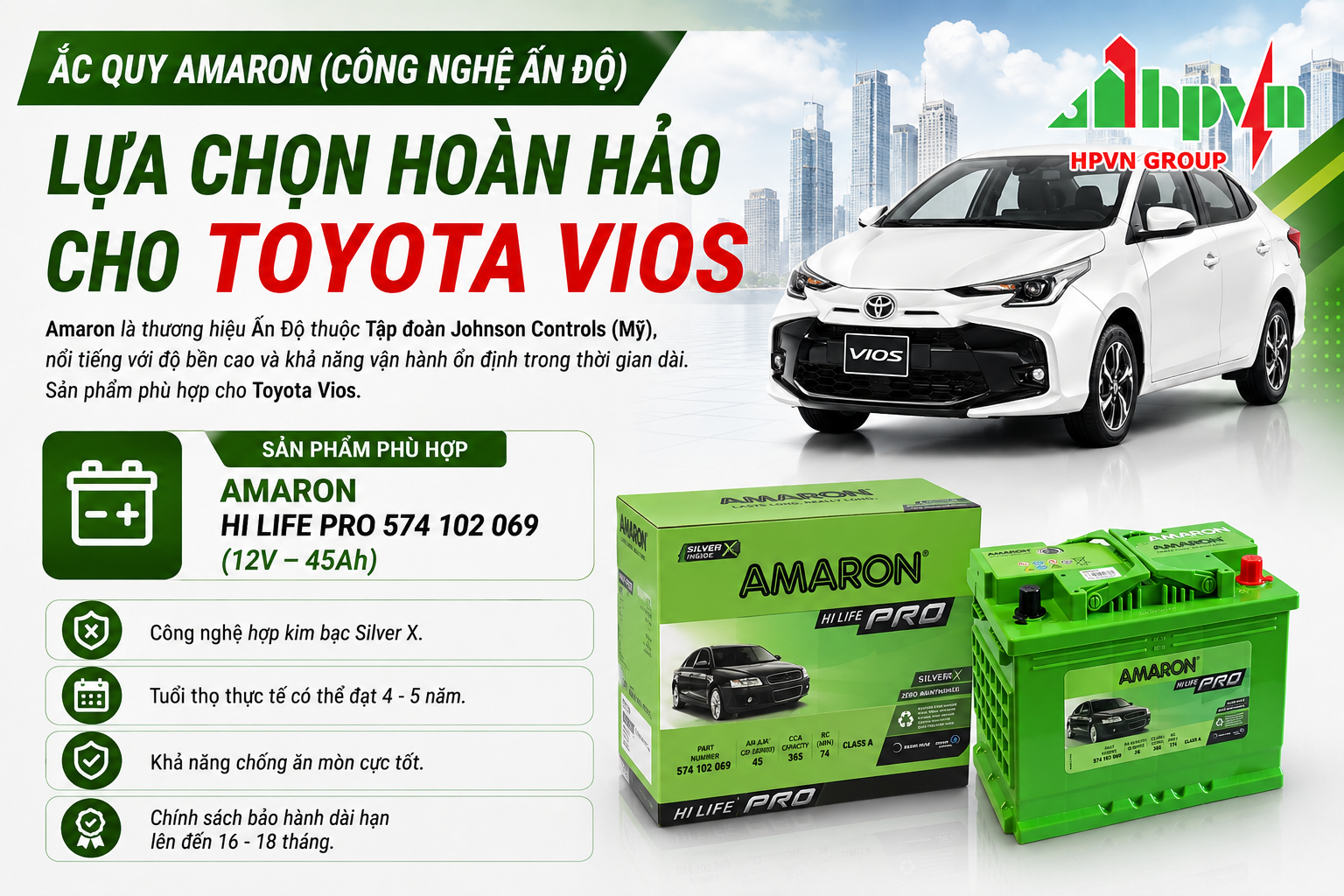 Bình ắc quy Amaron cho xe Toyota Vios