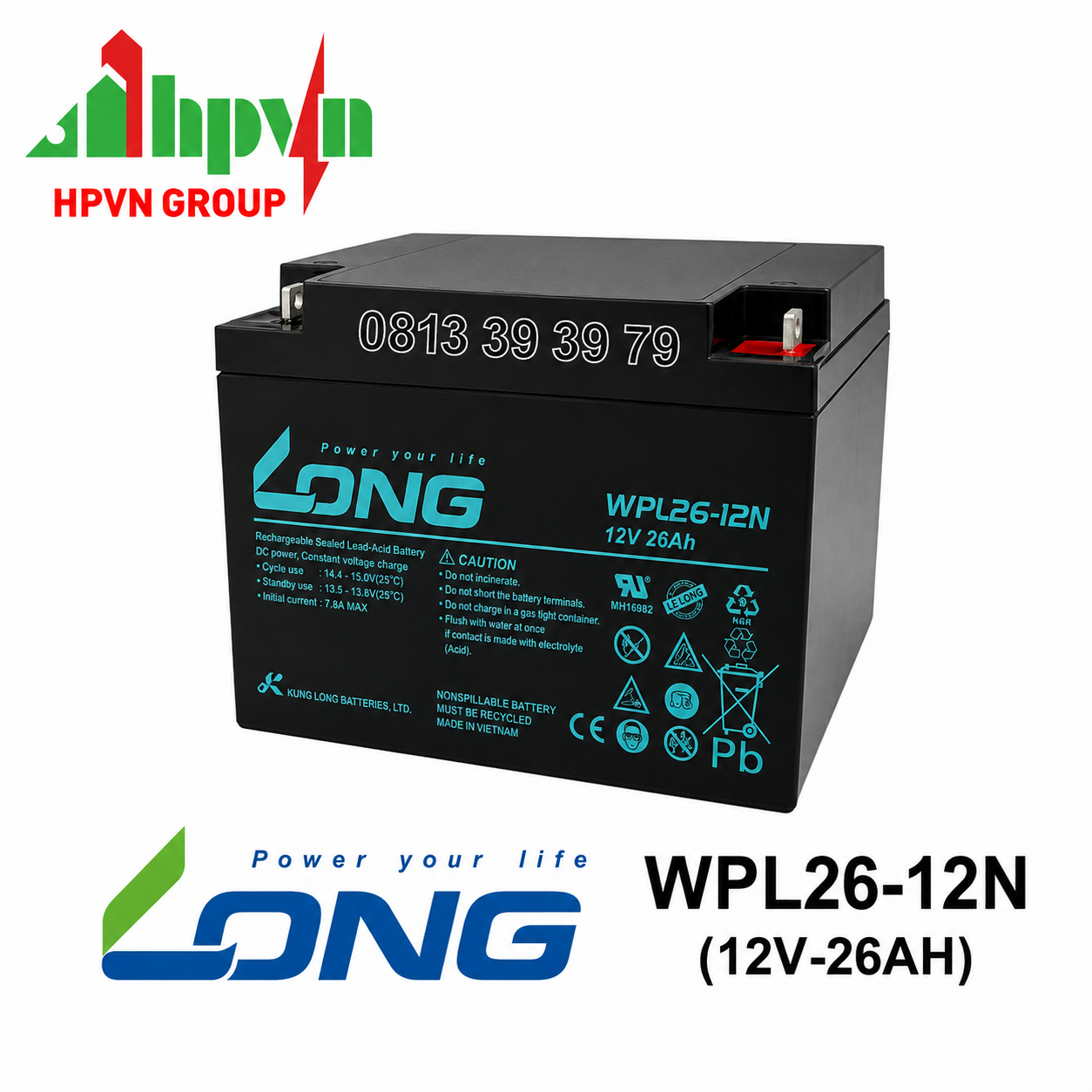 Ắc Quy Long WPL26-12N (12V-26Ah) Chính Hãng