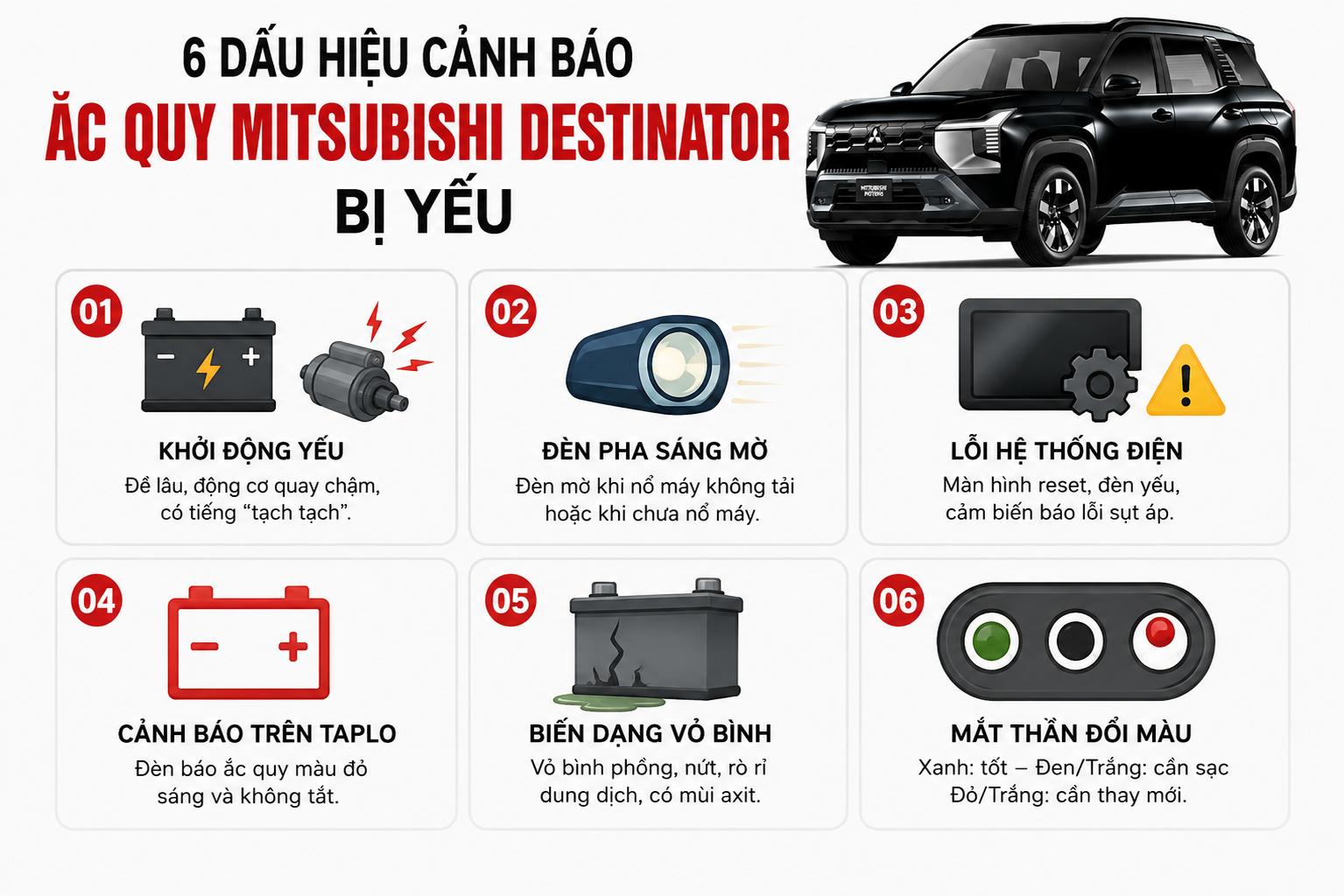 Dấu hiệu thay bình ắc quy Mitsubishi Destinator 