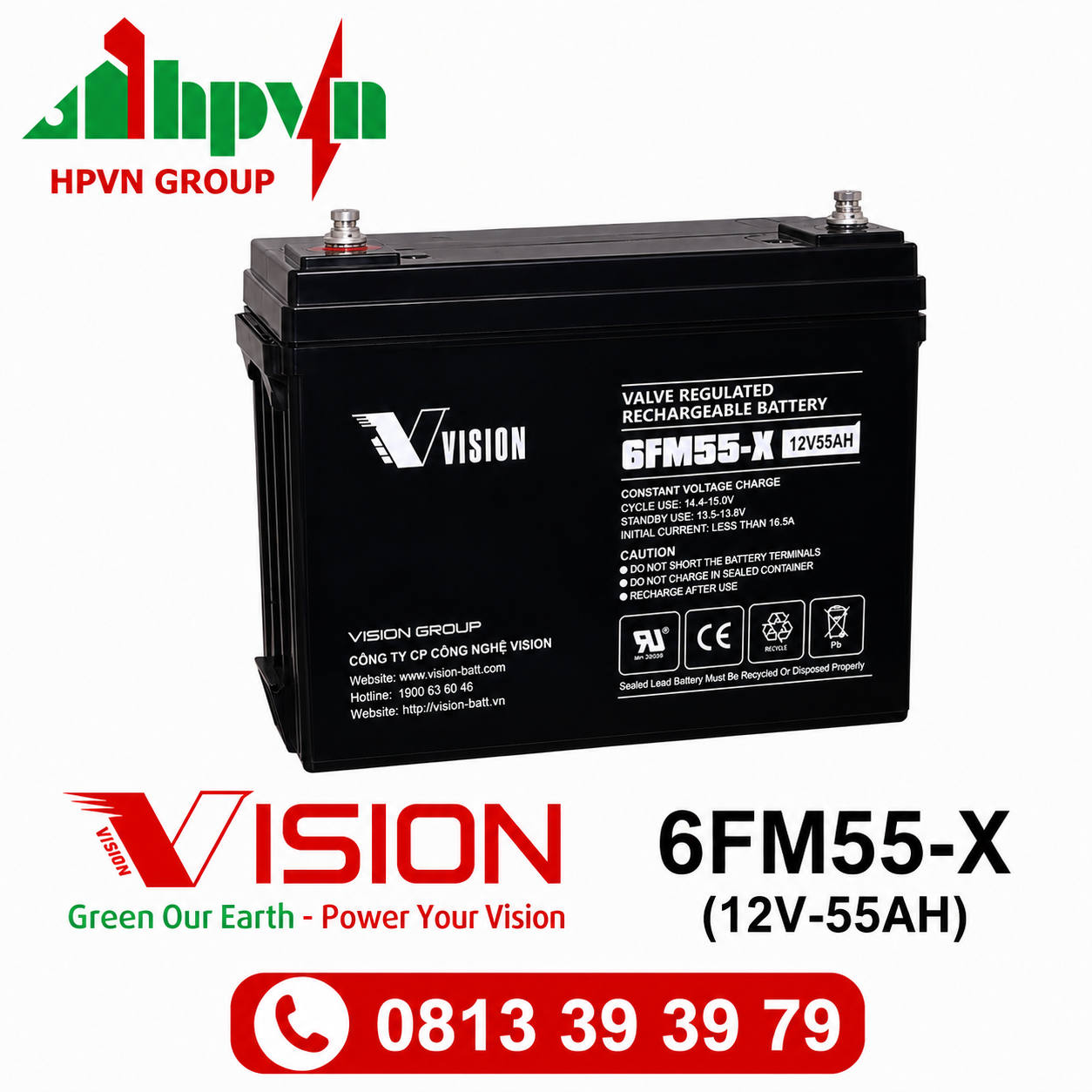 Ắc Quy Vision 6FM55-X (12V-55Ah) 